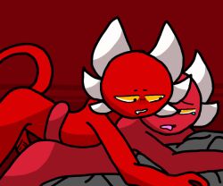 2boys anal anal_sex bed bedroom_sex cute demon demon_horns demon_tail drooling extreme_demon gay geometry_dash hey_aeon_ask_me_if_im_an_helicopter insane_demon looking_at_another looking_back looking_pleasured male male/male male_only male_penetrating male_penetrating_male non-human non-human_only red_skin sex simple_background tail_wrap tears tongue_out toony veneno