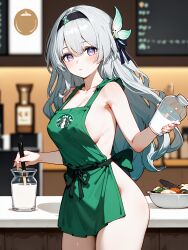 ai_generated areola_slip blush firefly_(honkai:_star_rail) from_side hips honkai:_star_rail hoyoverse implied_lactation naked_apron sideboob snowy_yukino starbucks