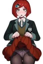 ai_generated black_pantyhose danganronpa danganronpa_v3 nervous nervous_face nervous_sweat panties_under_pantyhose pantyhose skirt_lift sweat yumeno_himiko