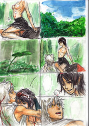 animal_ear black_hair female kobushi momiji_inubashiri multiple_girls nature nipples sex shameimaru_aya topless touhou white_hair wolf_ear yuri