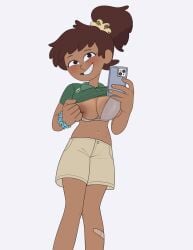 10centsworth 1girls 2d aged_up amphibia amphibia_(finale) anne_boonchuy breasts dark-skinned_female nipple phone ponytail short_hair thai white_background