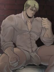 1boy attack_on_titan bara bidbrock bulge clothing male male_nipples male_only muscular_male penis_outline precum precum_drip precum_through_underwear reiner_braun shingeki_no_kyojin underwear