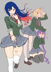3girls absurdres ankle_socks anklehighs arcueid_brunestud axia-chan black_socks black_thighhighs blazer blonde_hair blood blood_from_mouth blue_hair blush breasts ciel_(tsukihime) commentary_request covering_own_eyes elesia elesia_(tsukihime) green_shirt grey_skirt hat highres jacket large_breasts loafers long_hair long_legs medium_breasts melty_blood michael_roa_valdamjong multicolored_hair multiple_girls nail_polish necktie o3o purple_hair red_eyes red_nails red_necktie shirt shoes short_hair sion_eltnam_atlasia sion_tatari sketch skirt socks socks_and_shoes thigh_socks thighhighs thighs tsukihime type-moon vampire vampire_girl very_long_hair white_legwear white_socks
