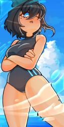 arms_crossed bangs beauty_mark black_hair blue_eyes breasts chin_length_hair crossed_arms eyelashes fair-skinned_female fair_skin hair lego leotard lips mole mole_under_eye ninja ninja_girl ninjago nya_(ninjago) ocean one-piece_swimsuit seabound_(ninjago) swimsuit thighs water