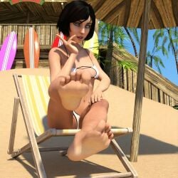 3d athletic athletic_female barefoot beach bikini bioshock bioshock_infinite busty elizabeth_comstock feet female female_focus female_only foot_fetish foot_focus hourglass_figure mogrynts short_hair sitting soles tagme wide_hips