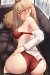 1girls blonde_hair chainsaw_man horns huge_ass huge_boobs looking_back power_(chainsaw_man) red_underwear smiling_at_viewer standing_doggy_style standing_on_sofa yellow_eyes