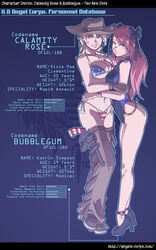 anklet ass bikini blonde_hair blue_eyes breasts bubblegum_(angels_corps) calamity_rose_(angels_corps) dave_cheung gun hat hug jewelry navel pink_hair revolver ribbon straight_hair swimsuit thighs united_states_angels_corps weapon