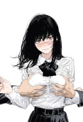 ai_generated big_breasts black_hair blush blush_lines breast_grab breast_squeeze breast_squish chainsaw_man choku_to-san_no_kyonyū devil long_hair looking_at_viewer mitaka_asa scar scars_on_face school_uniform schoolgirl schoolgirl_uniform skirt slim_waist teenager yoru_(chainsaw_man)