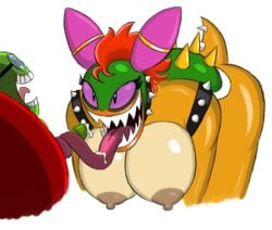 1boy 1girls big_breasts bowletta bowser breasts chubby cum cum_on_tongue erection fawful fellatio female green_shell grin huge_breasts koopa licking long_tongue male mario_(series) mario_and_luigi:_superstar_saga mario_and_luigi_(series) nintendo nipples nude oral orgasm penis rule_63 shell smile spiky_shell timoteihiv tongue tongue_out tonguejob