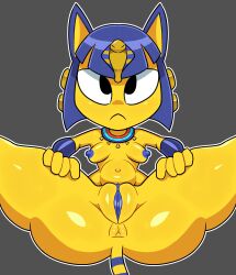 animal_crossing ankha ankha_(animal_crossing) anus ass black_eyes blue_hair blue_nipples blue_pussy breasts female female_only gyattzco looking_at_viewer nipples presenting pussy solo_female spread_legs tail thick_thighs y_anus yellow_fur