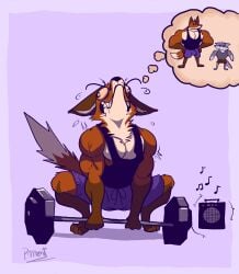 absurd_res anthro barazoku biceps bulge canid canine canis clothed clothing duo exercise fangs fox fur hi_res imagination male male_focus male_only mammal multicolored_body multicolored_fur muscular muscular_anthro muscular_male pecs pinumontbalou teeth thought_bubble vein wolf