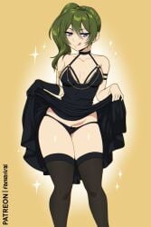 1girl 1girls 2024 2d 2d_(artwork) :p arm_strap armband bare_shoulders black_dress black_glove black_panties chains choker cleavage clothed clothed_female clothing clothing_cutout covered_breasts dark_green_hair digital_drawing_(artwork) digital_media_(artwork) dress dress_lift elfoppai faenatical female female_focus female_only glove gold_armband gold_background gold_chain golden_chains green_hair hair_between_eyes half-closed_eyes halter_dress halterneck hip_vent licking_lips long_gloves modakawa_dress o-ring o-ring_dress one_glove panties patreon patreon_username ponytail presenting_panties purple_eyes seductive seductive_eyes seductive_look seductive_smile side_ponytail skirt skirt_lift sleeveless sleeveless_dress smirk smirking solo solo_female solo_focus sousou_no_frieren sparkles stockings thigh_highs thighhighs thighs tongue tongue_out ubel_(sousou_no_frieren) url watermark