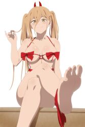 1girls big_breasts blonde_hair bra braids breasts chainsaw_man cute_face feet female gift legs_together power_(chainsaw_man) presenting_feet sitting smiling teasing
