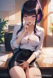 1girls ai_generated bangs black_hair black_skirt blush button_down_shirt button_gap cleavage enen_no_shouboutai female fingering fingering_self fire_force high_quality masturbating masturbation miniskirt nipple_bulge office office_lady on_desk oze_maki pencil_skirt purple_eyes pussy_juice pussy_juice_drip sarahvividart seductive sitting_on_desk skirt tongue tongue_out touching_self wet_shirt white_shirt