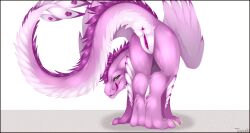 anus black_border border claws dragon female feral fur furred_dragon furred_scalie genitals green_eyes hi_res mythological_creature mythological_scalie mythology pink_body pink_fur pink_tongue purple_anus purple_body purple_fur purple_pussy pussy scalie solo tiama tongue white_claws