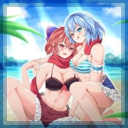 2girls ass beach big_breasts bikini blue_eyes blue_hair breasts cleavage ginari heterochromia kogasa_tatara light-skinned_female open_mouth red_eyes red_hair scarf sekibanki sekibanki_(dullahan_on_the_beach) shorts sideass tatara_kogasa_(beach_umbrella_castaway) thick_thighs thighs tongue touhou touhou_lost_word