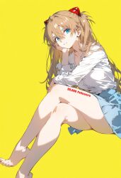 1girls ai_generated asuka_langley_sohryu bare_legs barefoot blue_eyes blue_skirt crossed_legs feet leaning_forward long_hair looking_at_viewer neon_genesis_evangelion red_hair school_uniform schoolgirl schoolgirl_uniform shoppy sitting skirt smile smiling_at_viewer thick_thighs tied_hair yellow_background