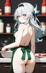 ai_generated areola_slip ass ass_focus blush firefly_(honkai:_star_rail) from_behind honkai:_star_rail hoyoverse implied_lactation naked_apron sideboob snowy_yukino starbucks