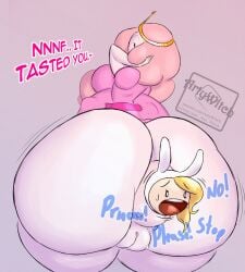 2girls adventure_time anal_vore anus artywitch ass back_view belly belly_bulge big_ass big_belly blonde_hair dialogue female female_pred female_prey fionna_the_human_girl huge_ass multiple_girls open_mouth pink_hair pink_skin princess_bubblegum puffy_anus pussy same_size_vore sweat text thick_thighs vore wide_hips