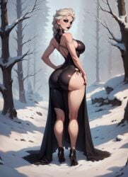 1girls ai_generated ass_focus back_view big_ass big_breasts big_butt braided_hair elsa_(frozen) frozen_2 goth goth_girl high_heel_boots high_heels league69 long_hair looking_at_viewer looking_back pinup thighs with_feet