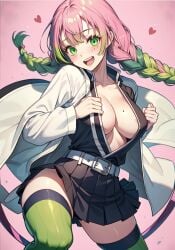 ai_generated demon_slayer green_eyes heart kanroji_mitsuri kimetsu_no_yaiba large_breasts open_clothes open_shirt pink_hair sfw skirt slombert smile thighhighs uniform