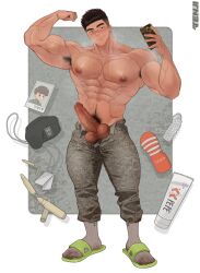 1boy armpit_hair balls bara big_balls big_penis blush boner erection flexing_bicep genital_fluids male male_nipples male_only male_pubic_hair muscular_male musk nipples penis precum precum_drip solo solo_male sweat sweating ten_g89 tenji_(ten_g89)