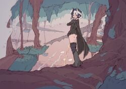 ass black_and_white_hair detailed_background female female_only finger_to_mouth full_body made_in_abyss nature outdoors ozen pants_down peeing peeing rune_(pixiv_25170019) short_hair shushing solo standing tree trees two_tone_hair urination urine urine_stream