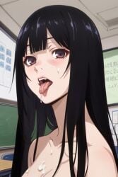 1girls after_sex ai_generated bangs black_hair brown_eyes classroom collarbone cum cum_on_body cum_on_breasts cum_on_face cum_on_upper_body detailed_background doctork female female_focus female_only hair jabami_yumeko kakegurui long_hair looking_at_viewer pov pov_eye_contact saliva tongue tongue_out upper_body upper_body_focus