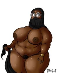 1girls bbw big_breasts blush bottomless bracelet breasts brown_eyes dark-skinned_female dark_skin fat female female_only glasses hijab muslim muslim_female nipples niqab overweight overweight_female plump professordoctorc pubic_hair pussy solo solo_female sweat sweaty thick_thighs thunder_thighs wide_hips