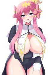 areolae_slip arm_under_breasts bedroom_eyes blush breast_curtains breasts cameltoe capelet cleavage duel_masters gijinka huge_breasts priestess rafululu_love,_acoustic_dragon_elemental robes seductive_look smile