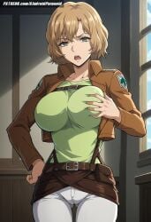 ai_generated aindroidparanoid attack_on_titan bedroom belts big_breasts blonde_hair breasts busty cameltoe cute female grabbing_breasts grabbing_own_breast green_eyes hips hitch_dreyse huge_breasts indoors jacket large_breasts legs narrow_waist pants shingeki_no_kyojin short_hair slim_waist soldier squeezing_breast stable_diffusion taller_girl tight_clothing touching_breast wavy_hair