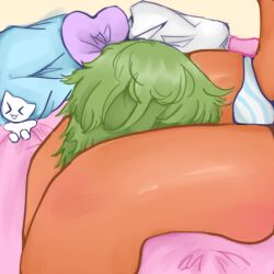 2boys big_ass big_thighs blue_pillow bulge bulge_through_clothing faceless_male femboy gay gay_male green_hair mlm panties pillows pink_bed purple_pillow shiny_thighs skinny_male small_penis striped_panties thick_legs twink twinks white_pillow yaoi