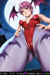 ai_generated alternate_version_at_source alternate_version_available bangs bat cameltoe cloud clouds crotch_shot darkstalkers head_wings leotard lilith_aensland looking_at_viewer looking_down looking_down_at_viewer low-angle_view moon neonn3k0 outdoors pantyhose petite purple_hair pussy_focus red_eyes short_hair skinny sky small_breasts smirk smirking smirking_at_viewer smug succubus suggestive