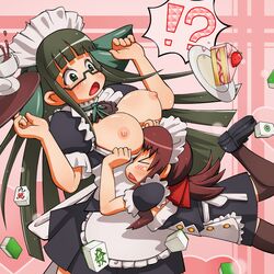 ! 2girls ? apron bow breasts brown_hair buttons coffee collar cup dress food frills fruit glasses green_hair hair_ornament headdress honruu_ayumi large_breasts legwear mahjong maid moeru_mahjong_moejong_(moejan) multiple_girls pie plate pulling shocked shoes skirt stockings strawberry surprised text thighhighs tiles tray tsukuda_moeko