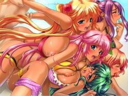 1boy 5girls beach bikini breasts censored closed_eyes female green_hair harem huge_breasts human kono_mama_ja_ane_to_sex_shiteshimasu_are_otouto_yo_ima_naka_de_dasanakata? large_breasts long_hair male multiple_females nipples ole-m orgasm