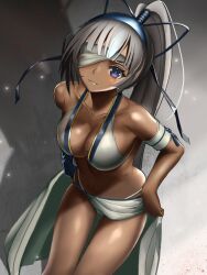 1girls big_breasts bikini blue_eyes breasts busty cleavage dark-skinned_female dark_skin eyepatch female female_only grey_hair hair_ribbon highres large_breasts leaning_forward legs looking_at_viewer majikina_mina navel ponytail ribbon samurai_shodown sarong smile snk solo swimsuit thighs thong_bikini