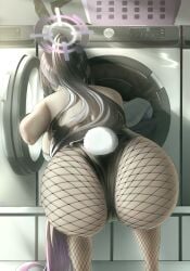 absurdres ass ass_focus black_hair blue_archive breasts female fishnets halo highres indoors karin_(blue_archive) karin_(bunny)_(blue_archive) large_breasts leotard long_hair official_alternate_costume playboy_bunny ponytail proxyl rabbit_tail solo squatting tail very_long_hair washing_machine