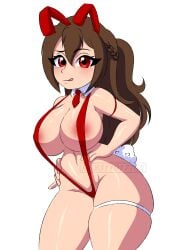 1girls breasts brown_hair bunny_ears bunny_girl bunny_tail bunnysuit easter edit eyelashes female female_only kimberley_(wesleygamers24) looking_at_viewer m.grace mg231101778 partially_clothed red_eyes red_suit sling_bikini tie tongue wesleygamers24