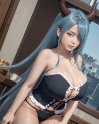 ai_generated big_breasts black_panties blue_eyes blue_hair breasts breasts breasts_bigger_than_head horns looking_at_viewer muma_no_machi_cornelica realistic rosary_(muma_no_machi_cornelica) succubus succubus_horns