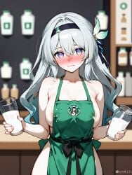 ai_generated areola_slip blush firefly_(honkai:_star_rail) heavy_blush honkai:_star_rail hoyoverse implied_lactation lactating lactating_in_cup lactating_in_glass lactation milk naked_apron sideboob snowy_yukino starbucks