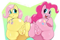 2d 2girls anus ass ass_focus big_ass big_butt blue_eyes curly_hair cutie_mark donut_anus female female_only fluttershy_(mlp) full_color gyattzco looking_back my_little_pony no_penetration pink_hair pink_skin pinkie_pie_(mlp) ponut presenting presenting_hindquarters puffy_anus puffy_pussy pussy quadruped smiling teal_eyes yellow_skin