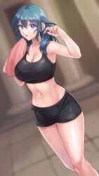 1girls absurdres bare_shoulders black_shorts blue_eyes blue_hair blurry blurry_background breasts byleth_(female)_(fire_emblem) byleth_(fire_emblem) byleth_(fire_emblem)_(female) cleavage commentary crop_top feet_out_of_frame female female_only fire_emblem fire_emblem:_three_houses fully_clothed hands_up hazuki_(nyorosuke) highres large_breasts long_hair looking_at_viewer midriff navel nintendo parted_lips short_shorts shorts solo sports_bra standing stomach thighs tight_clothing towel