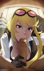 1boy 1girls :>= absurdres bandai big_penis black_gloves black_scarf blonde_hair blouse blowjob breasts brown_hair cleavage clothed clothed_female clothed_female_nude_male clothing cock dick digimon digimon_story digimon_story:_cyber_sleuth digimon_story:_cyber_sleuth_-_hacker's_memory erection eyewear_on_head fellatio female glasses glasses_on_head gloves hand_behind_head hand_on_cock hand_on_dick hand_on_penis highres kuremi_kyouko kyouko_kuremi large_breasts large_penis licking licking_penis light_skin light_skinned_female long_hair looking_at_viewer male no_bra nude nude_male nude_male_clothed_female office open_mouth oral orphen_(pink_seito) penis pinkseito pov pov_crotch print_scarf scarf shirt small_breasts straight sunglasses sunglasses_on_head uncensored white_blouse white_shirt