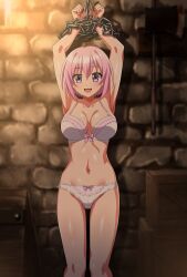 1girls :d absurdres alternate_version_at_source alternate_version_available armpits arms_up axe big_breasts blush bondage bound bound_wrists bow bow_panties bra breasts brick_wall captured chains choujin_koukousei-tachi_wa_isekai_demo_yoyuu_de_ikinuku_you_desu! cleavage commentary dungeon female high_school_prodigies_have_it_easy_even_in_another_world! highres lace-trimmed_bra lace-trimmed_panties lingerie lingerie_only looking_at_viewer nanashi79410097 navel open_mouth panties pink_hair prisoner purple_eyes request shinobu_sarutobi shiny_skin short_hair smile solo standing thigh_gap weapon white_bra white_panties