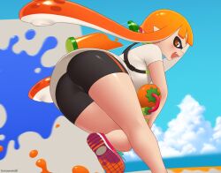 artist_name ass bent_over big_ass bike_shorts blue_sky blush cloud day fat_ass female ink inkling inkling_girl kuroonehalf nintendo oerba_yun_fang open_mouth orange_eyes orange_hair pointy_ears running shirt sidelocks sky smile solo splatoon tentacle tentacle_hair thick_thighs white_shirt wide_hips