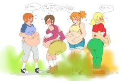 4girls ass ben_10 big_belly bloated_belly blush character clothed clothing crossover digimon digimon_adventure embarrassed fart fart_cloud fart_fetish female female_only gassy gwen_tennyson hikari_yagami inspector_gadget kasumi_(pokemon) lazei misty_(pokemon) multiple_girls navel penny_gadget pokemon