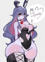 1girls animatronic anthro blue_hair bonnie_(fnaf) bunny_ears bunnysuit english_text female female_only five_nights_at_freddy's heart-shaped_pupils hi_res lagomorph legwear leporid long_hair looking_at_viewer narrowed_eyes neck_ribbon red_eyes red_hair simple_background solo text thick_thighs thigh_squish toge77789 togetoge two_tone_hair wide_hips