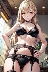 1female 1girl 1girls ai_clothes ai_generated artist_request black_bra black_panties blonde blonde_female blonde_hair blonde_hair_female blush blushing bra breasts choker earring earrings garter_belt garter_straps guideau hand_on_hip hand_on_own_hip lingerie lingerie_bra lingerie_only lingerie_panties long_blonde_hair long_hair majo_to_yajuu medium_breasts panties pierced_ear pierced_ears piercing piercings smile smiling solo solo_female solo_focus solo_girl stockings the_witch_and_the_beast thighhigh_stockings thighhighs yellow_eyes