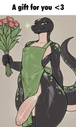 ai_generated anthro balls bara bedroom_eyes big_ass bipedal black_scales caption cute erection exposed_genitals flirty flower full_body gay green_eyes green_spots holding_object huge_penis hyper_penis long_tail looking_at_viewer meme muscular naga naked_apron precum precum_drip presenting scalie seductive shiny_skin smiling snake solo_male tall thick_thighs valentine's_day veiny_cock