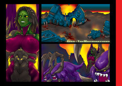 black_hair erect_nipples green_skin monster monster_girl nipples purple_skin romehamu sarah_kerrigan short_hair starcraft text yellow_eyes zerg